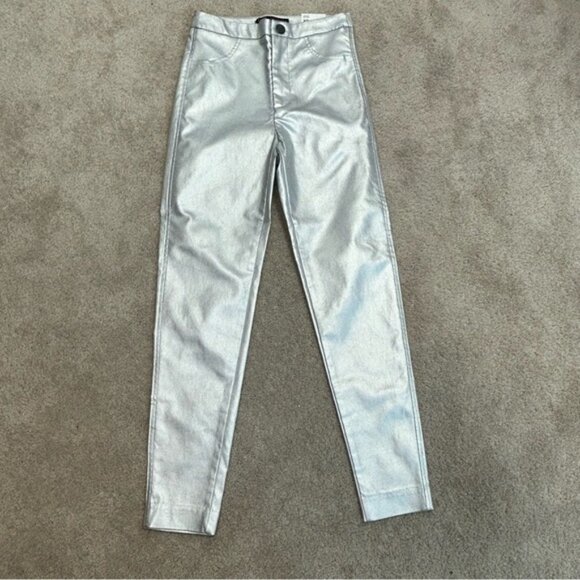 Zara metallic silver liquid foil mid rise slim fit leggings pants Sz XS NWT - Picture 2 of 12
